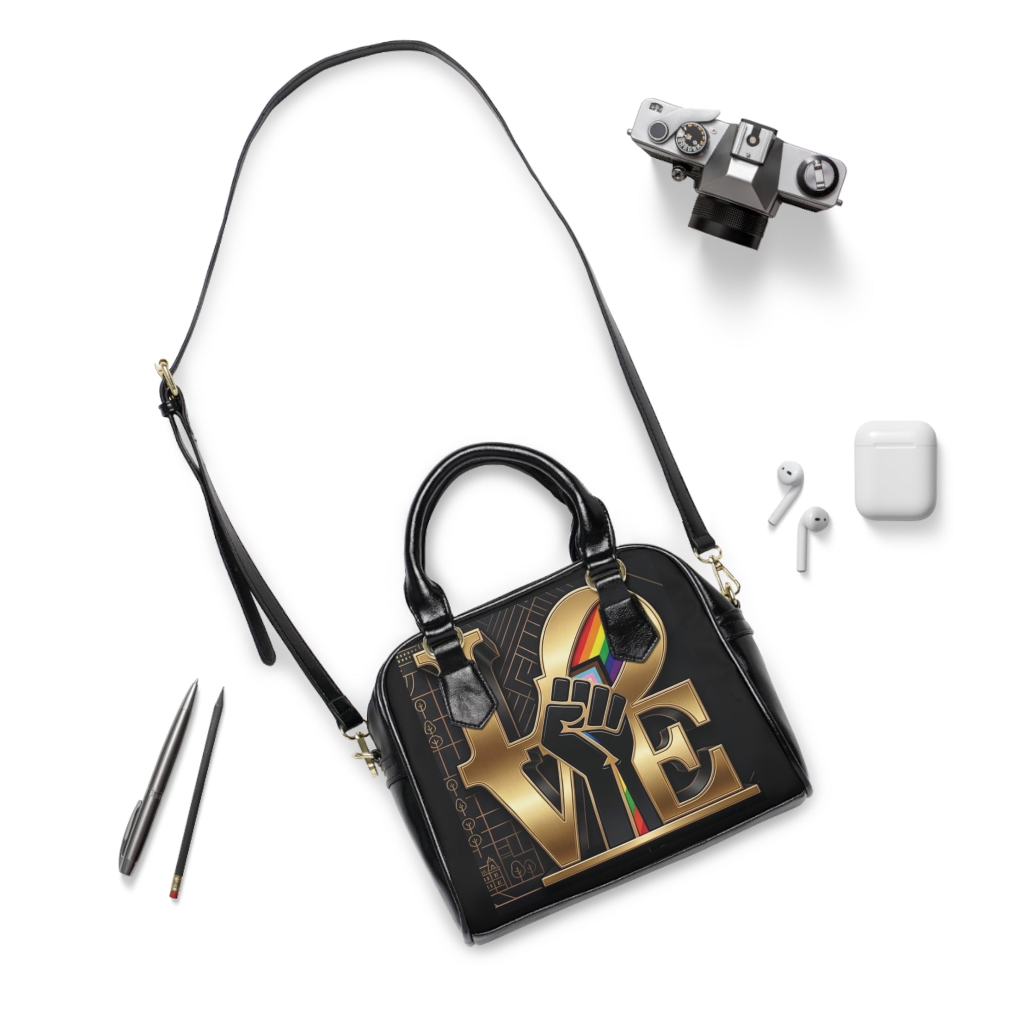 Shoulder Handbag - GOLD LOVE Fist Design with Rainbow Accents