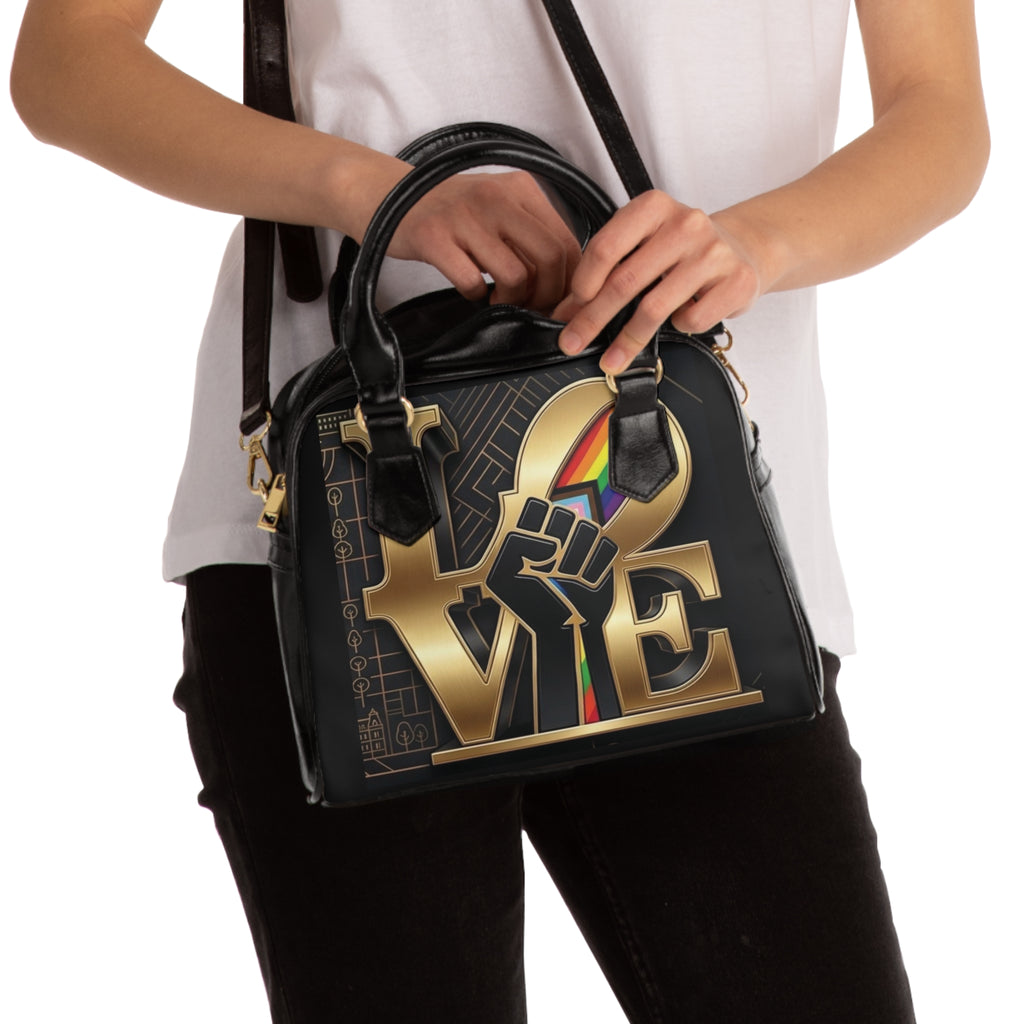 Shoulder Handbag - GOLD LOVE Fist Design with Rainbow Accents