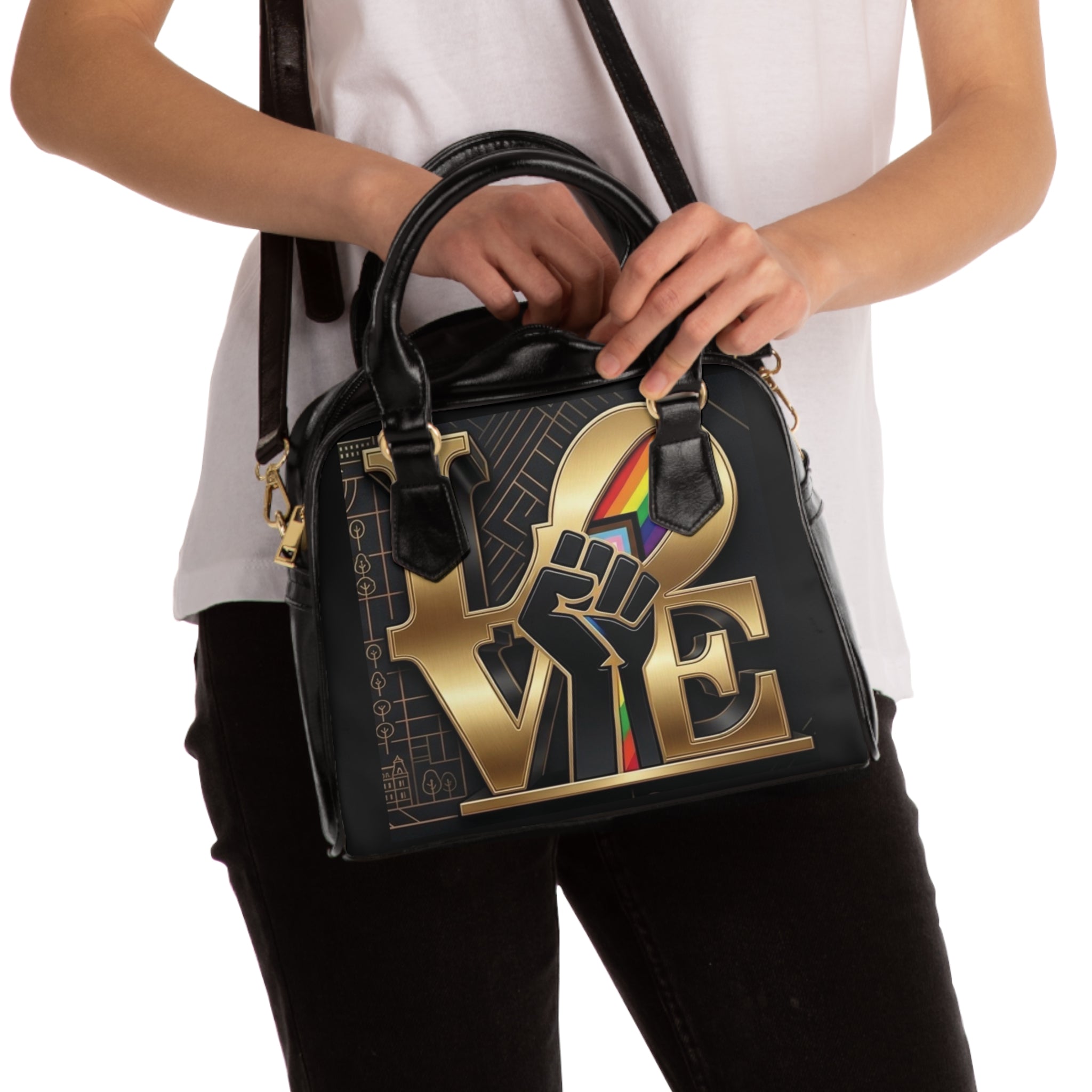 Shoulder Handbag - GOLD LOVE Fist Design with Rainbow Accents