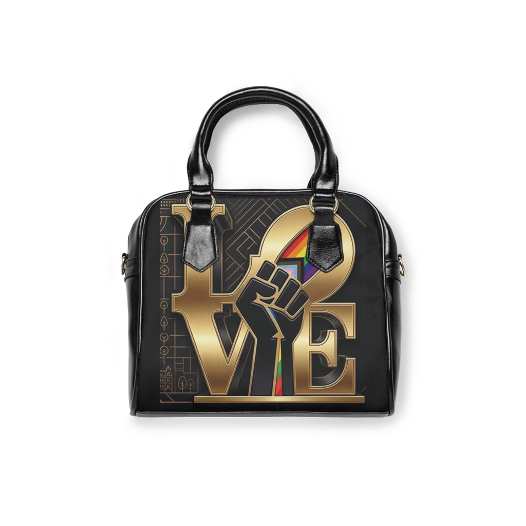 Shoulder Handbag - GOLD LOVE Fist Design with Rainbow Accents