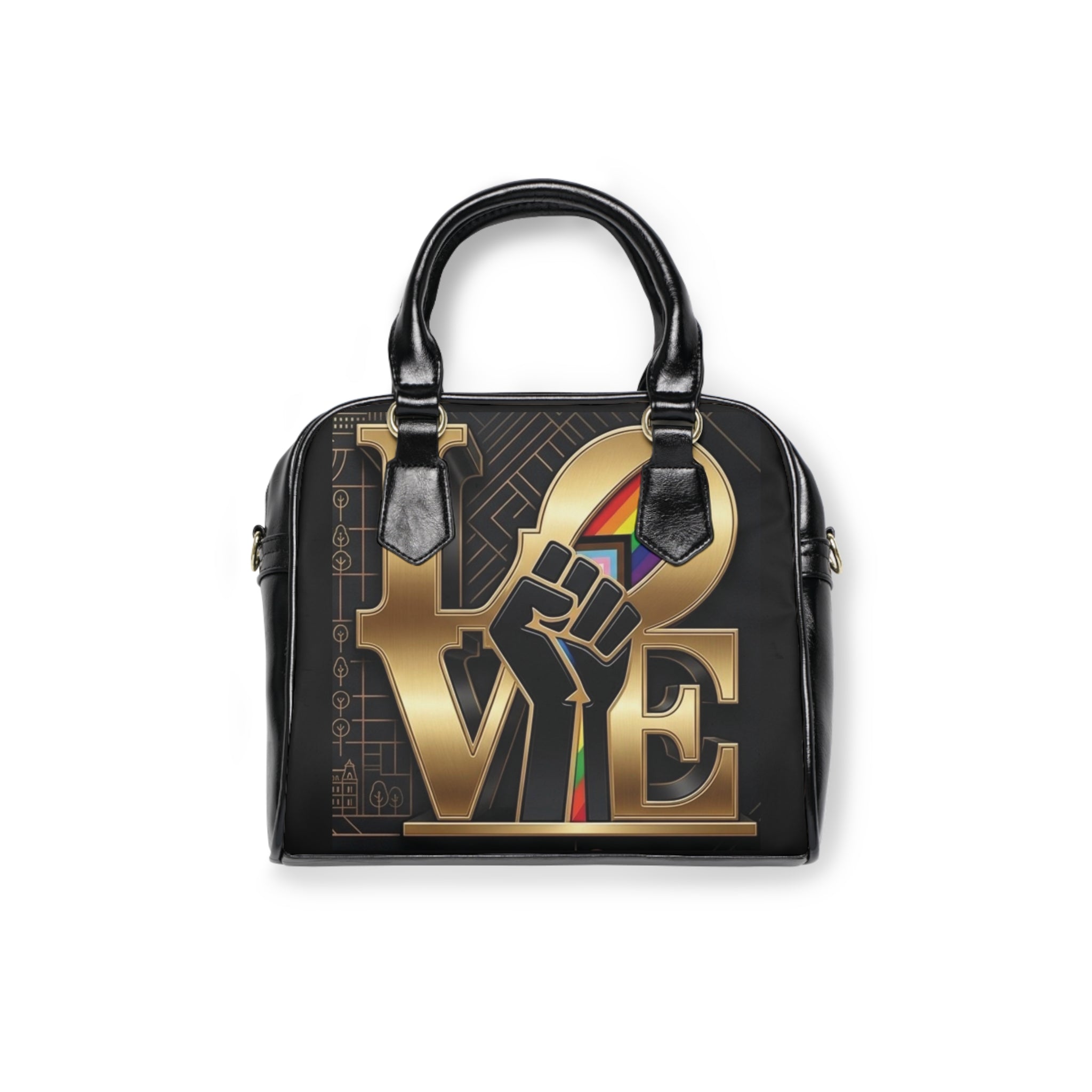 Shoulder Handbag - GOLD LOVE Fist Design with Rainbow Accents