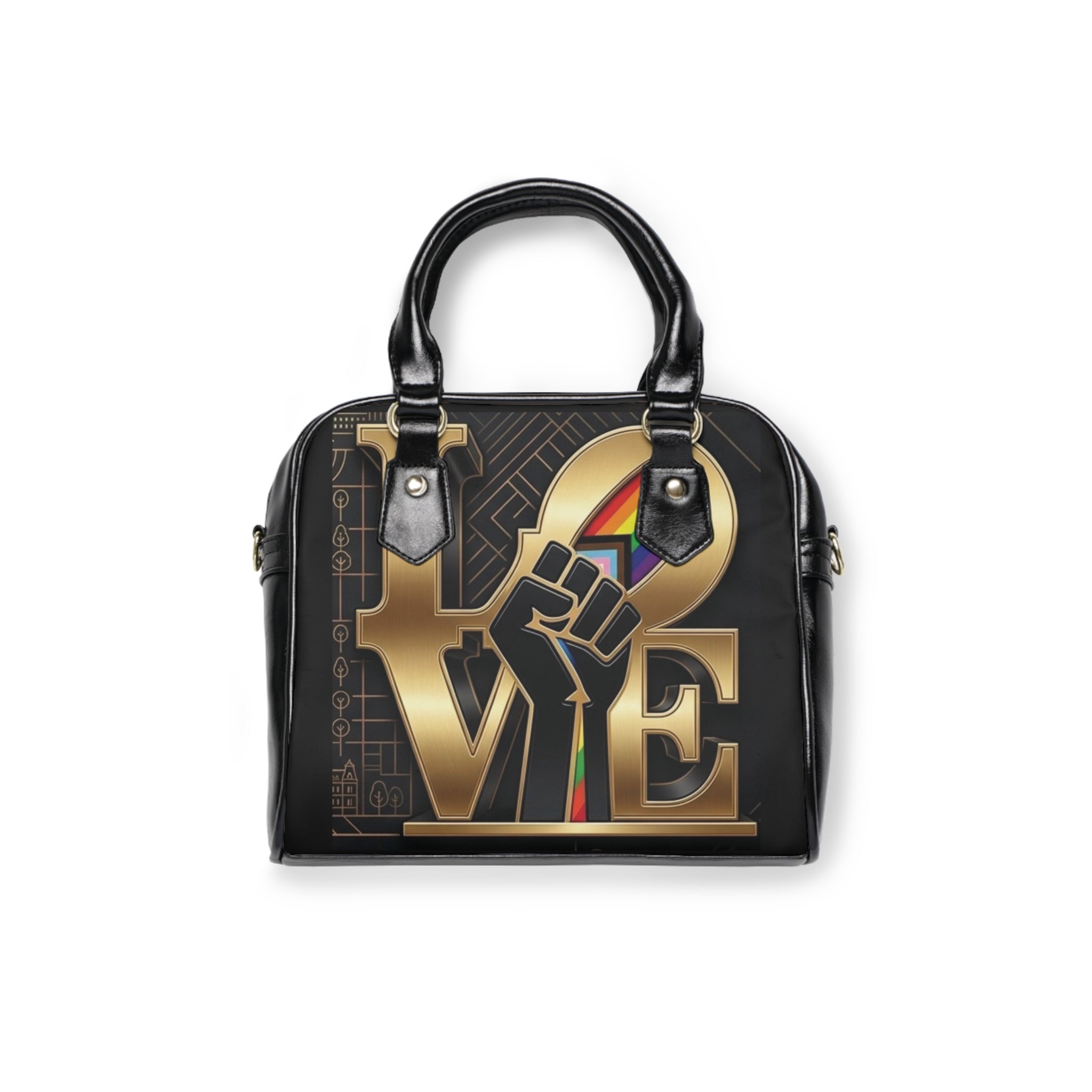 Shoulder Handbag - GOLD LOVE Fist Design with Rainbow Accents